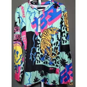 Reason Brand Drippy Jungle All Over Print Smiley Tiger Long Sleeve Tee Men Sz L
